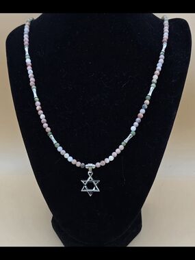 Pink Jasper, Green Jade, and Stainless Steel Necklace with Star Of David Pendant